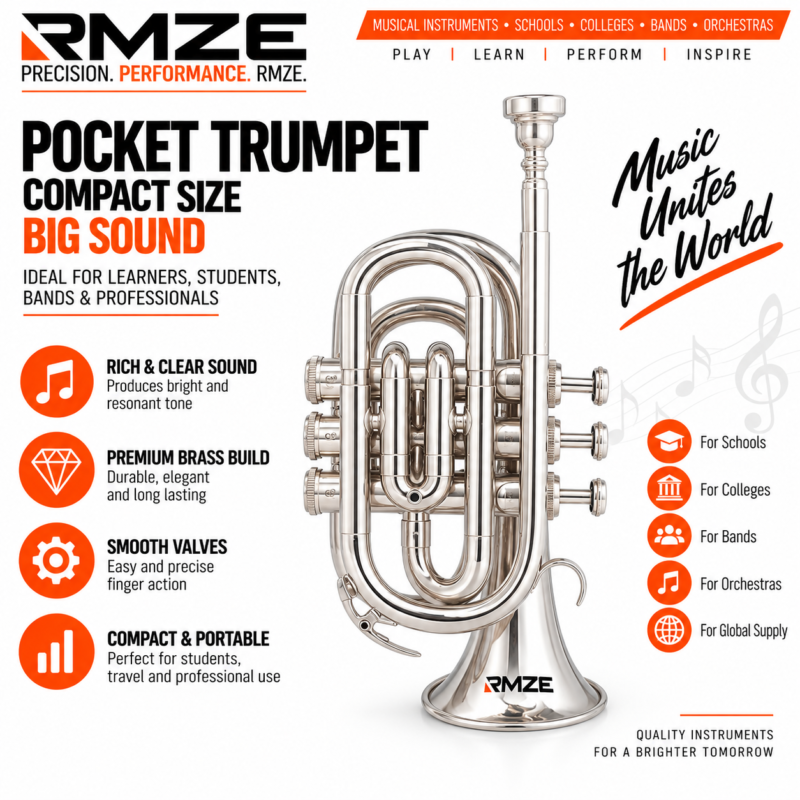RMZE silver pocket trumpet with compact brass design and 3 valves for students bands and orchestras