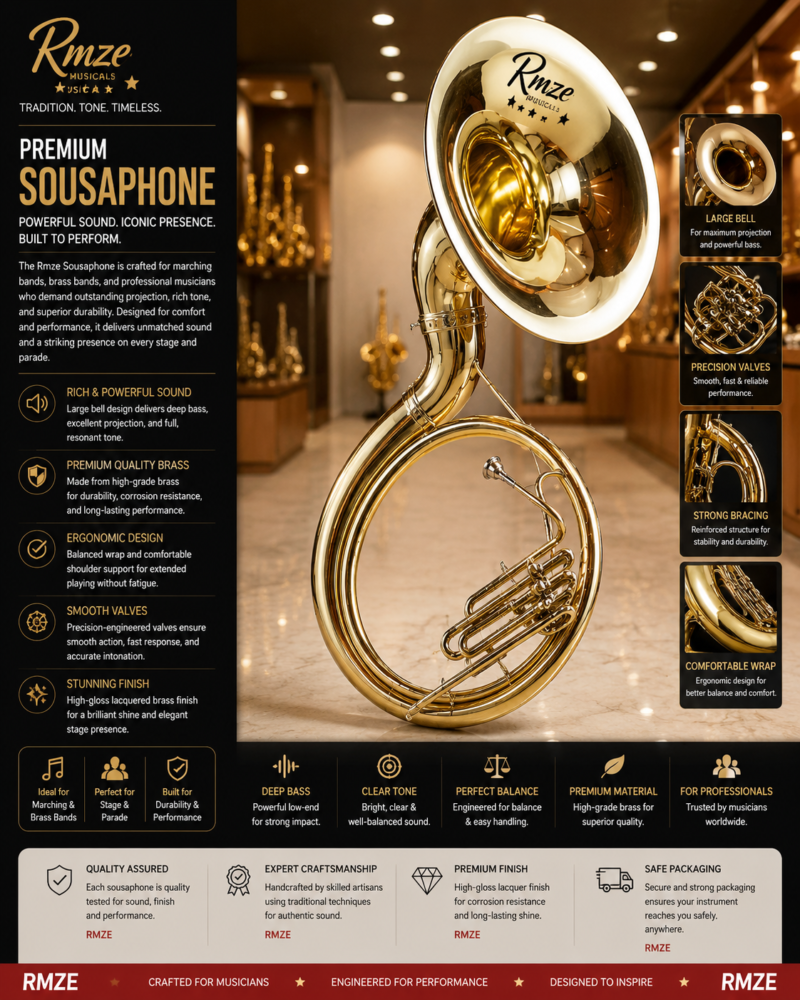 RMZE Premium Sousaphone brass marching band instrument with large bell