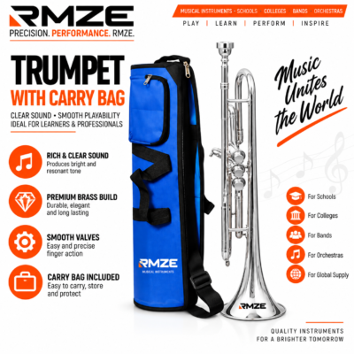 RMZE silver trumpet with 3 valves for students school bands orchestras and musical training