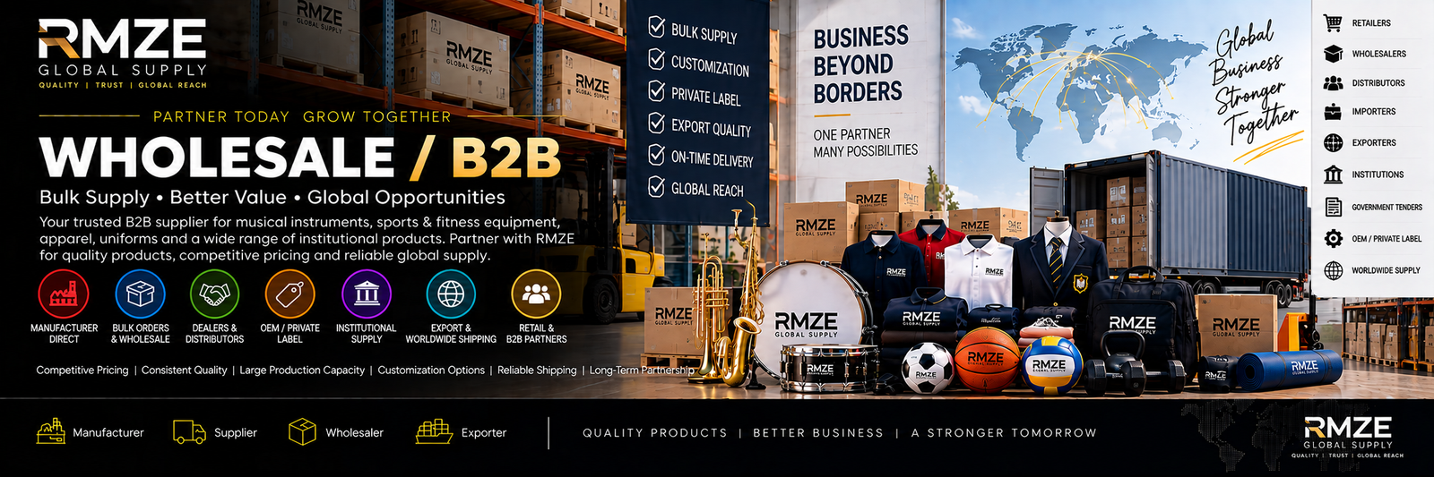 RMZE wholesale and B2B supply of musical instruments, sports equipment, apparel and institutional products