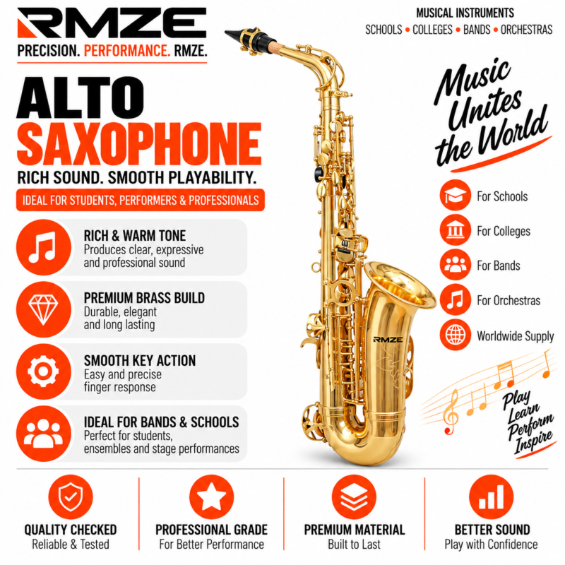 RMZE gold alto saxophone with premium brass construction and smooth key action for students and bands