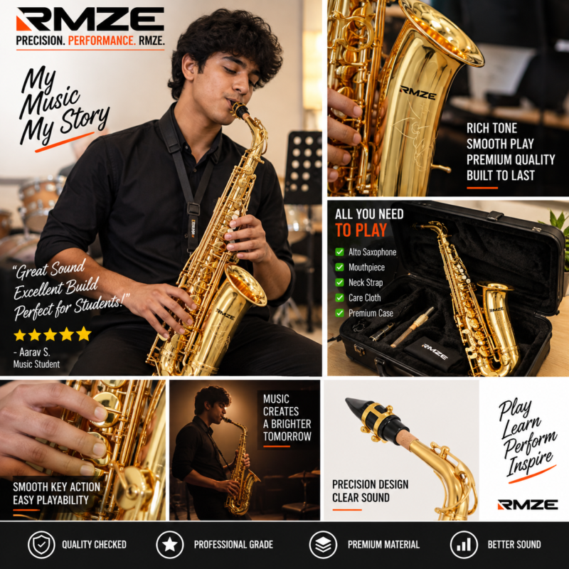 RMZE gold alto saxophone with premium brass construction and smooth key action for students and bands