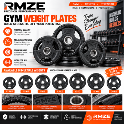 RMZE cast iron gym weight plates with 3 handle grip for 25mm 1 inch standard bars