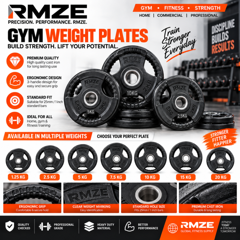 RMZE cast iron gym weight plates with 3 handle grip for 25mm 1 inch standard bars