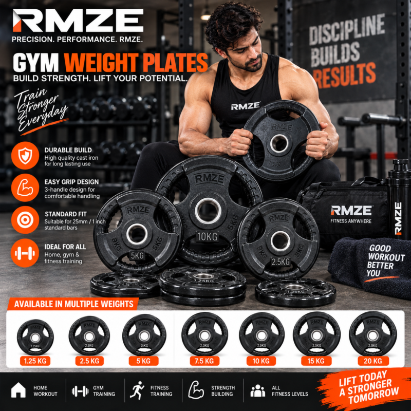 RMZE cast iron gym weight plates with 3 handle grip for 25mm 1 inch standard bars