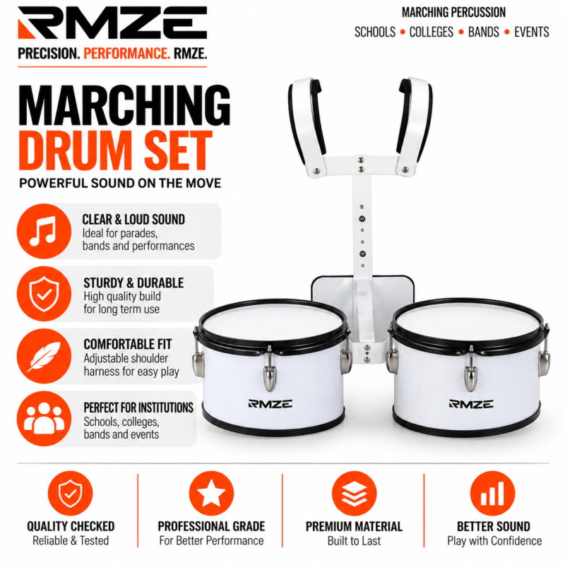 RMZE marching drum set with adjustable shoulder harness for school bands and parades
