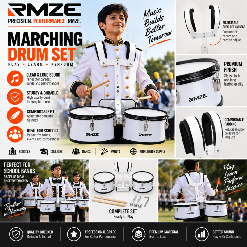 RMZE marching drum set with adjustable shoulder harness for school bands and parades
