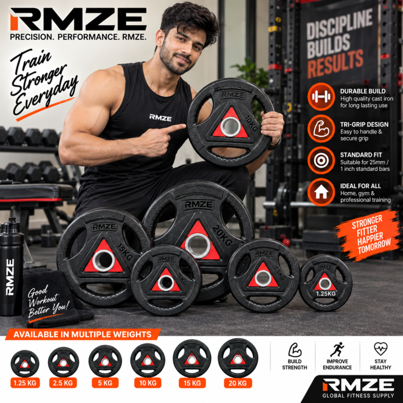 RMZE Tri-Grip cast iron gym weight plates with 25mm 1 inch standard bar fit
