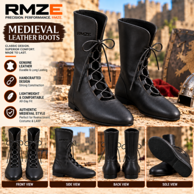 RMZE black medieval-inspired lace-up boots with tall shaft and textured finish
