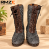 RMZE medieval chainmail-style boots with brown textured panels and front lace-up detailing