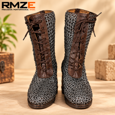 RMZE medieval chainmail-style boots with brown textured panels and front lace-up detailing