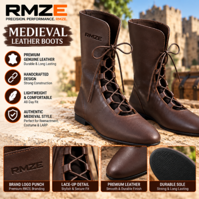RMZE brown medieval-inspired lace-up boots with tall shaft and textured finish
