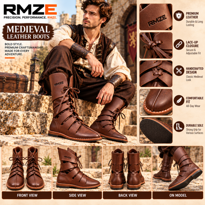 RMZE brown strappy medieval-inspired boots with overlapping upper panels and lace-up detailing
