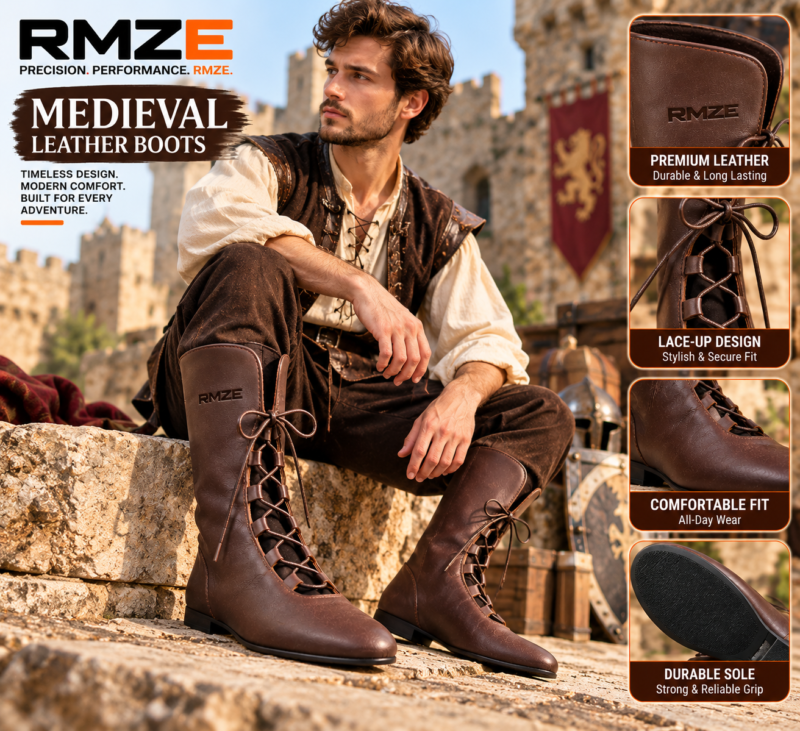 RMZE brown medieval-inspired lace-up boots with tall shaft and textured finish