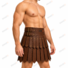 RMZE brown gladiator leather-look skirt with layered panels, decorative rivets and double-buckle waist belt