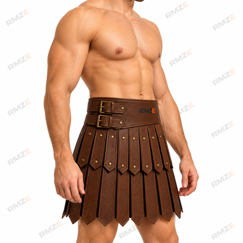 RMZE brown gladiator leather-look skirt with layered panels, decorative rivets and double-buckle waist belt