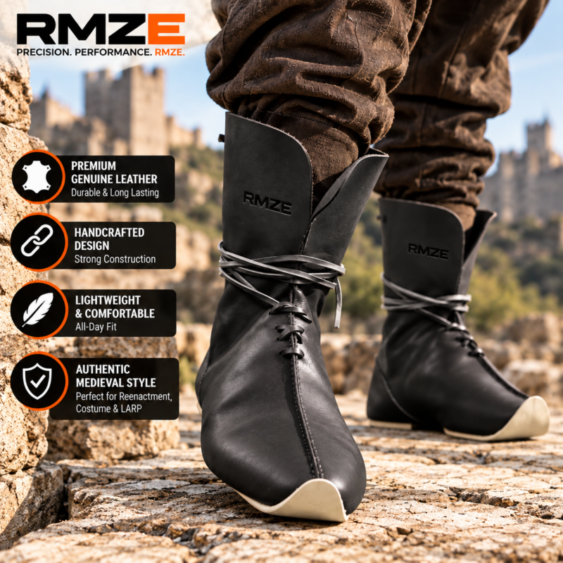 RMZE black medieval-inspired leather footwear with tall cuff, lace-up front and wraparound straps