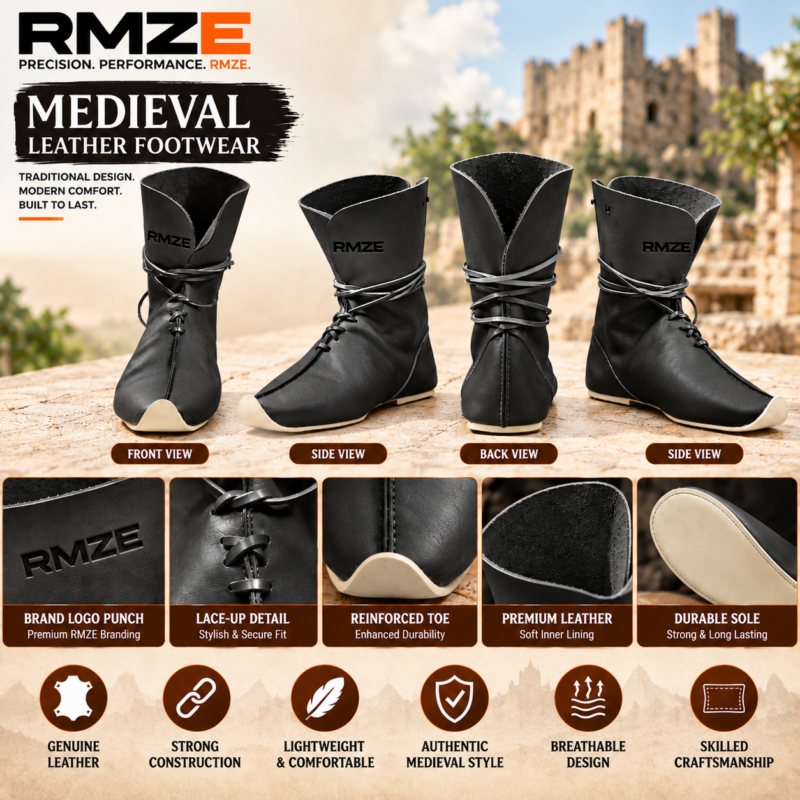 RMZE black medieval-inspired leather footwear with tall cuff, lace-up front and wraparound straps