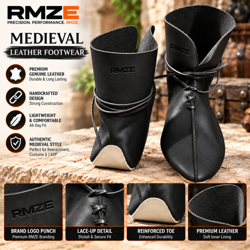 RMZE black medieval-inspired leather footwear with tall cuff, lace-up front and wraparound straps