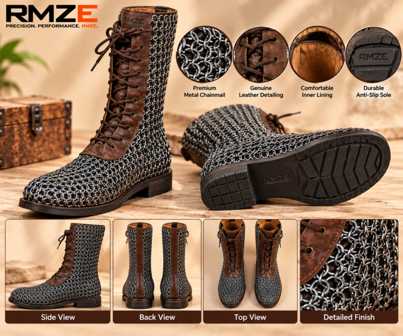 RMZE medieval chainmail-style boots with brown textured panels and front lace-up detailing