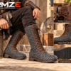 RMZE medieval chainmail-style boots with brown textured panels and front lace-up detailing