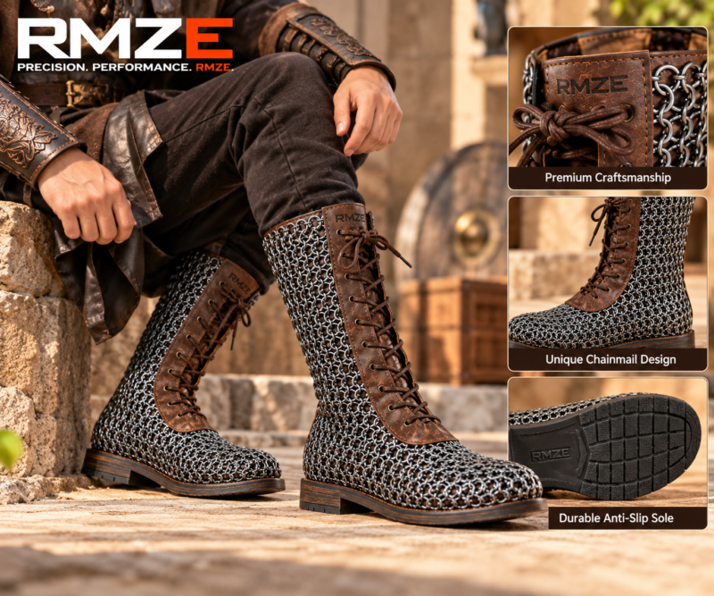 RMZE medieval chainmail-style boots with brown textured panels and front lace-up detailing