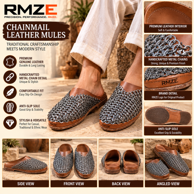 RMZE brown chainmail-style medieval leather-look mules with metallic linked upper