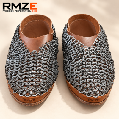 RMZE brown chainmail-style medieval leather-look mules with metallic linked upper