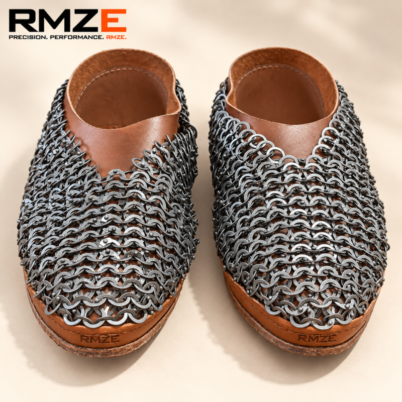 RMZE brown chainmail-style medieval leather-look mules with metallic linked upper