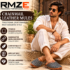 RMZE brown chainmail-style medieval leather-look mules with metallic linked upper