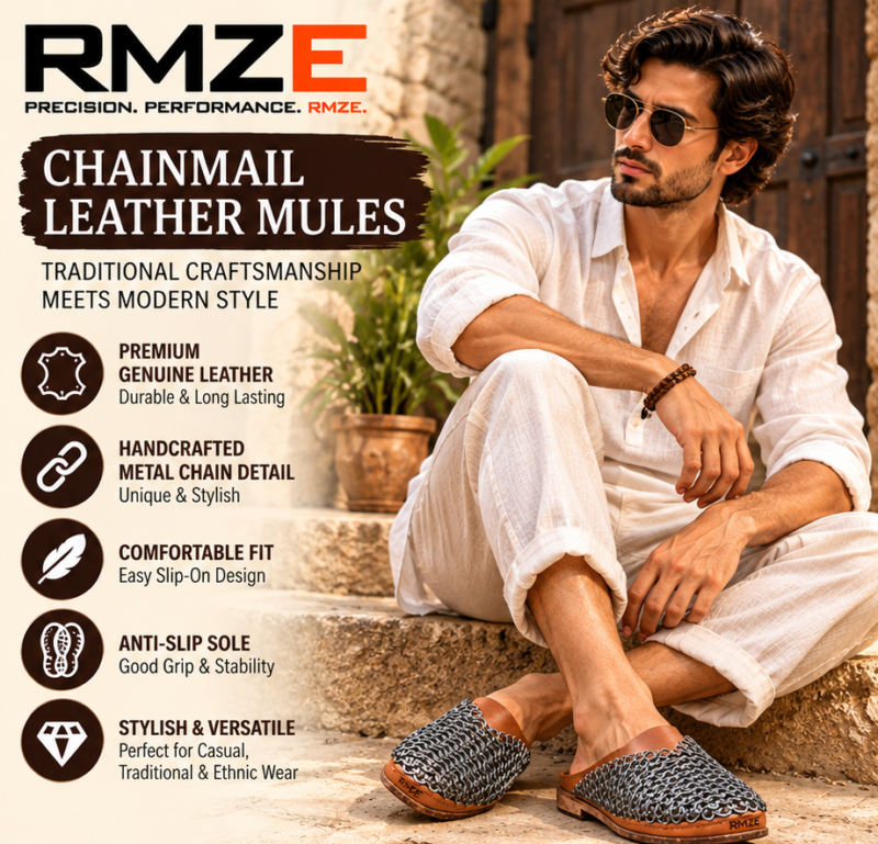 RMZE brown chainmail-style medieval leather-look mules with metallic linked upper