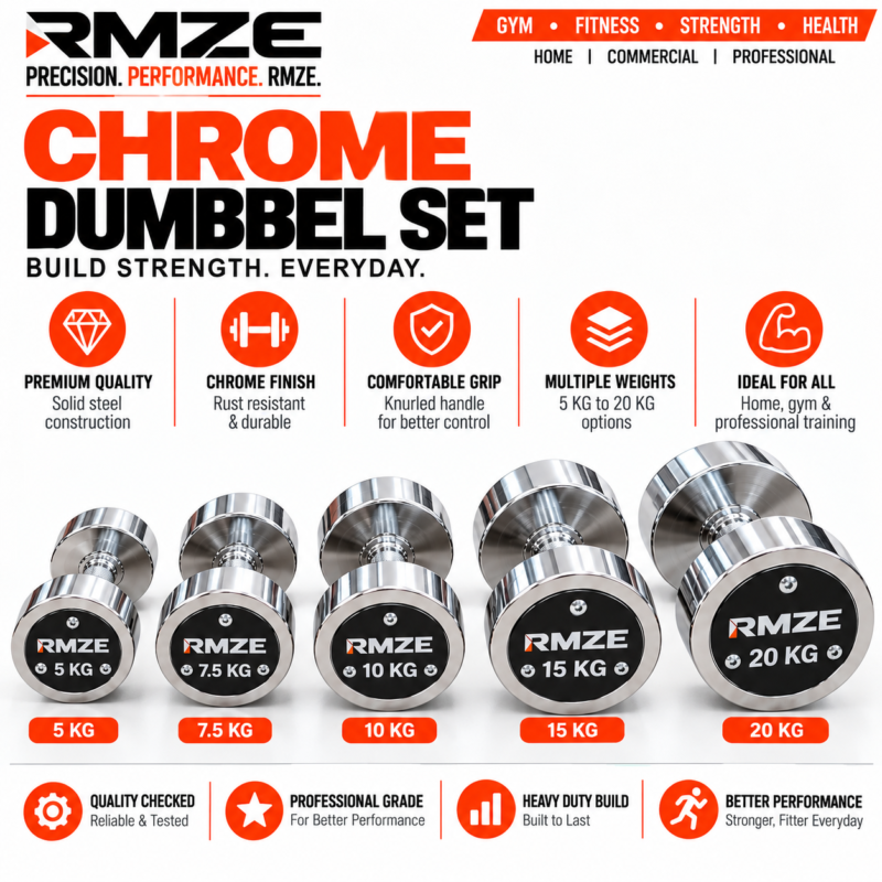 RMZE chrome dumbbell set with 5KG 7.5KG 10KG 15KG and 20KG solid steel dumbbells