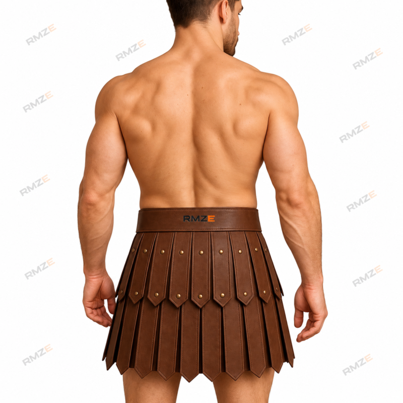 RMZE brown gladiator leather-look skirt with layered panels, decorative rivets and double-buckle waist belt