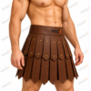 RMZE brown gladiator leather-look skirt with layered panels, decorative rivets and double-buckle waist belt