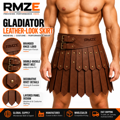 RMZE brown gladiator leather-look skirt with layered panels, decorative rivets and double-buckle waist belt