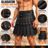 RMZE black gladiator leather-look skirt with layered panels, decorative rivets and double-buckle waist belt