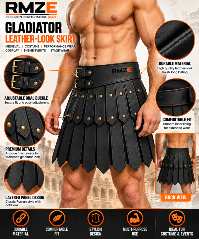 RMZE black gladiator leather-look skirt with layered panels, decorative rivets and double-buckle waist belt