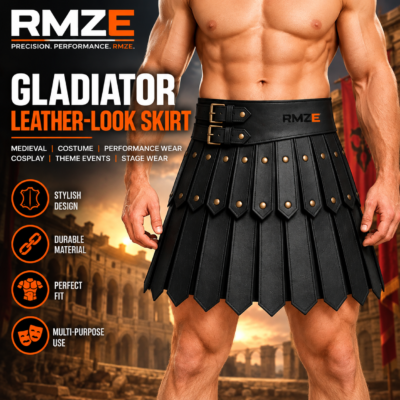 RMZE black gladiator leather-look skirt with layered panels, decorative rivets and double-buckle waist belt