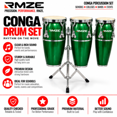 RMZE green 3-piece conga drum set with stand for schools bands and events