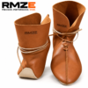RMZE brown medieval-inspired leather footwear with tall cuff, lace-up front and wraparound straps