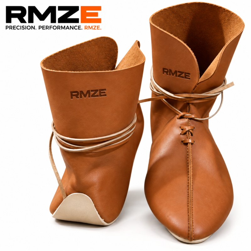 RMZE brown medieval-inspired leather footwear with tall cuff, lace-up front and wraparound straps