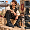 RMZE black medieval-inspired lace-up boots with tall shaft and textured finish