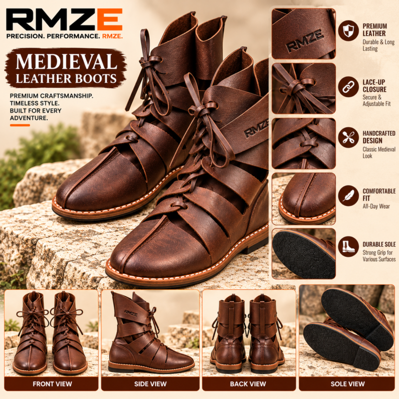 RMZE brown strappy medieval-inspired boots with overlapping upper panels and lace-up detailing