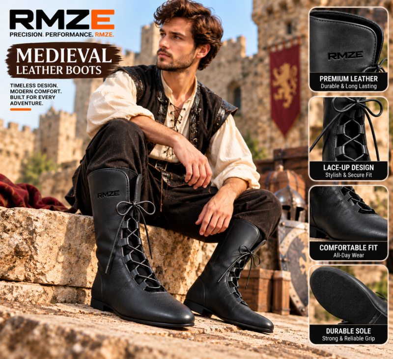 RMZE black medieval-inspired lace-up boots with tall shaft and textured finish