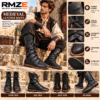 RMZE black strappy medieval-inspired boots with textured upper and lace-up detailing
