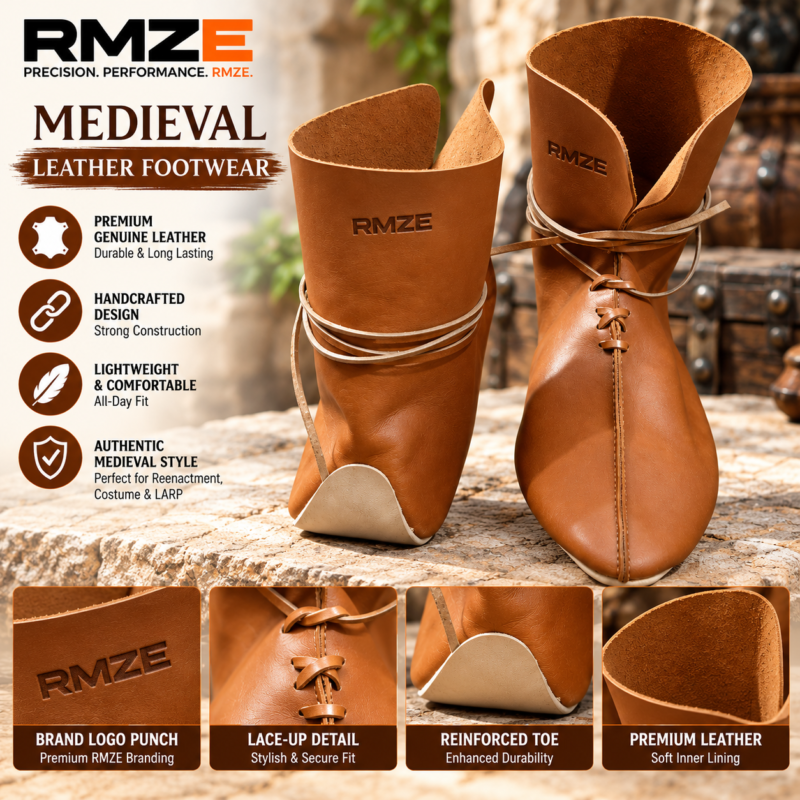 RMZE brown medieval-inspired leather footwear with tall cuff, lace-up front and wraparound straps