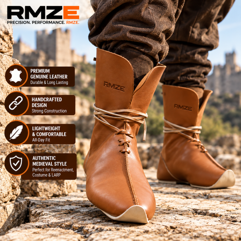 RMZE brown medieval-inspired leather footwear with tall cuff, lace-up front and wraparound straps