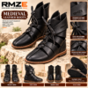 RMZE black strappy medieval-inspired boots with textured upper and lace-up detailing