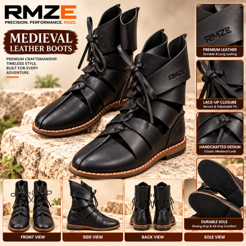 RMZE black strappy medieval-inspired boots with textured upper and lace-up detailing