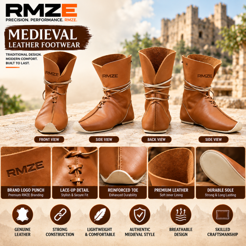 RMZE brown medieval-inspired leather footwear with tall cuff, lace-up front and wraparound straps